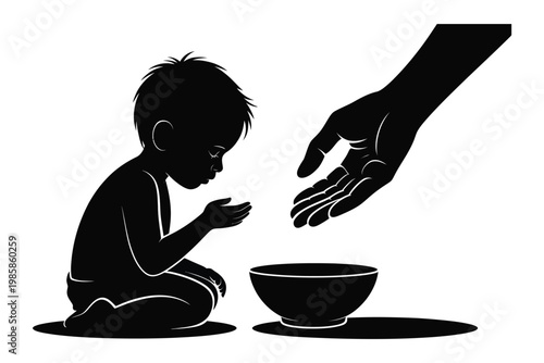 Silhouette of hungry child reaching for bowl while adult hand provides help symbolizing hunger relief and humanitarian assistance