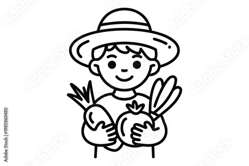 Young boy farmer holding fresh vegetables cartoon line art illustration for coloring book and healthy nutrition education concept