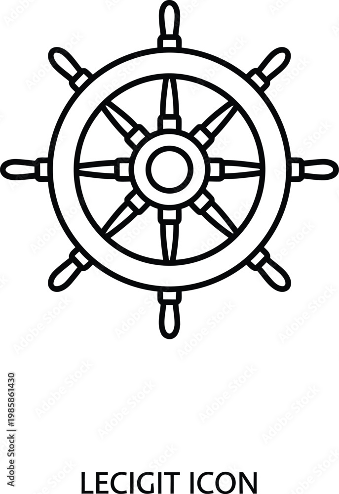 Obraz premium Traditional ship's steering wheel outline icon with eight spokes for maritime
