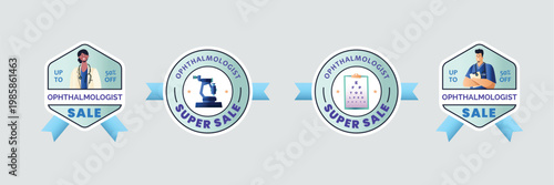 Professional "Ophthalmologist & Eye Care Sale" Badge Collection, Modern Flat Design Optometry & Vision Health Promotional Set