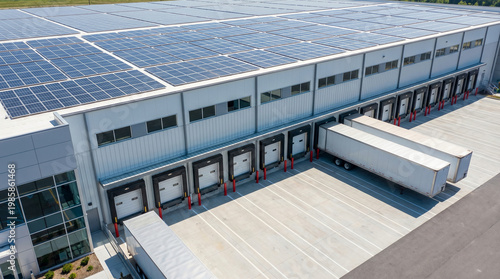 Aerial view of a large industrial warehouse with solar panels on the roof and trucks parked outside loading docks in a logistics facility.