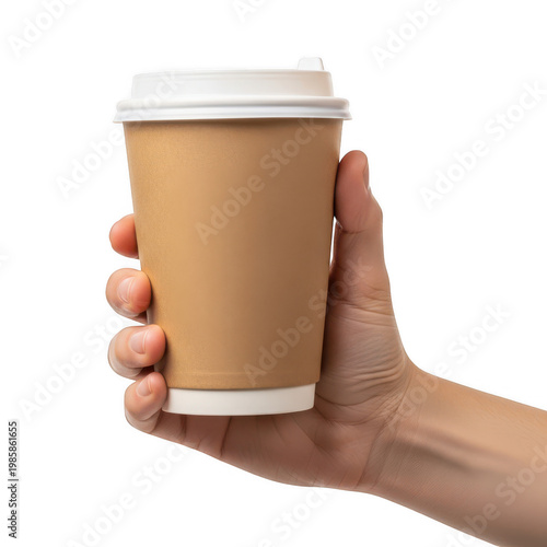 A hand holding a disposable coffee cup with a lid isolated on white background