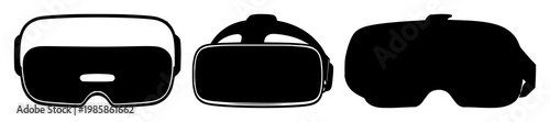 VR headset set with solid black icon on white background featuring technology, gaming, immersive experience with digital devices and virtual reality