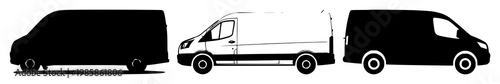 Van set with solid black icon on white background featuring fleet management, transportation, vehicle icons with commercial vans and logistics