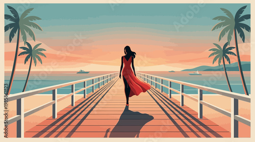 Elegant vintage vector poster of a woman in a flowing red gown walking on a seaside pier at sunset, framed by palm trees and yachts, inspired by Cannes Film Festival 1950s Riviera glamour.