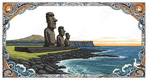 Easter Island Moai statues A Colorful Abstract Vector Illustration with a Tropical Coastal Background in a Modern Digital Art Style