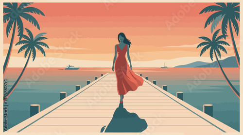 Elegant vintage vector poster of a woman in a flowing red gown walking on a seaside pier at sunset, framed by palm trees and yachts, inspired by Cannes Film Festival 1950s Riviera glamour.