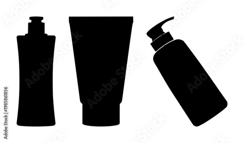 Sun cream bottle set with solid black icon and white background featuring sun protection, lotion, UV shield with product packaging and skincare