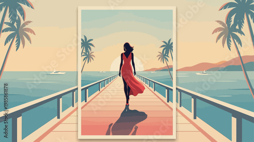 Elegant vintage vector poster of a woman in a flowing red gown walking on a seaside pier at sunset, framed by palm trees and yachts, inspired by Cannes Film Festival 1950s Riviera glamour.
