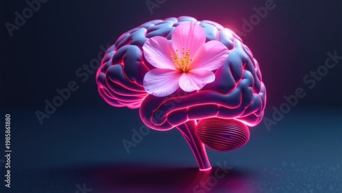 A delicate pink flower perched on top of a human brain, representing creativity and inspiration