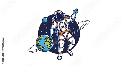 Astronaut floating in space with earth and planet rings wearing white and orange space suit