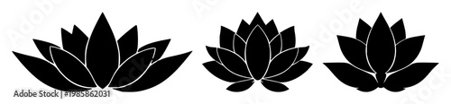 Mindfulness meditation lotus flower icon set with solid black color and white background featuring yoga, spirituality, tranquility with zen and harmony