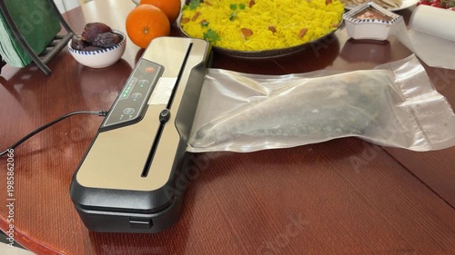 A person uses a vacuum sealer machine to preserve a frozen fish. The fish is placed in a plastic bag and sealed for freshness, sous vide cooking, or long term storage in a home kitchen setting