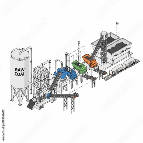 Coal processing plant with raw coal storage and transportation systems.