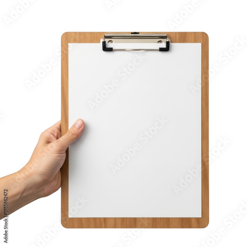 A hand holding a blank clipboard with wooden border and corner handle isolated on white background