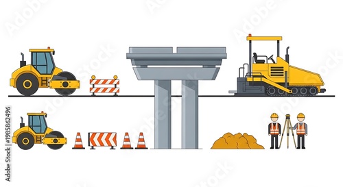 Construction scene with road rollers, asphalt paver, bridge segment, and workers.