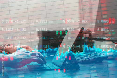 Close up of hands using a keyboard with digital stock exchange numbers and financial charts overlay. Concept for high frequency trading, artificial intelligence in finance and big data analysis.
