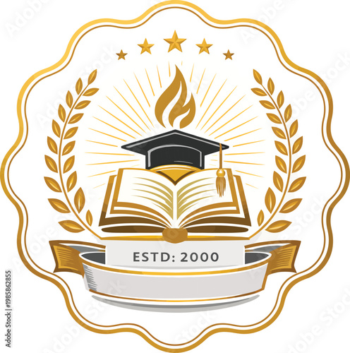 Educational emblem with open book and graduation cap in golden laurel wreath border frame