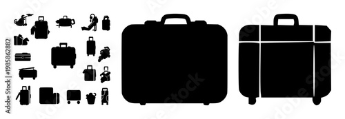 Digital nomad suitcase set with solid black icon on white background featuring suitcase, travel, digital nomad with single color and minimalist design