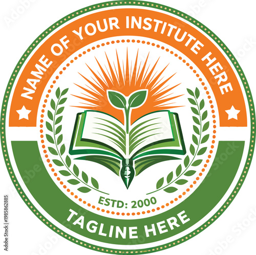 Circular institute logo template with open book and plant sprout in green and orange tones