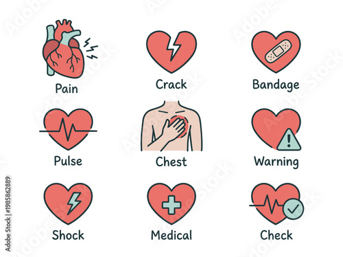 Heart pain illustration set: medical icons for chest problems in a minimalist hand-drawn style