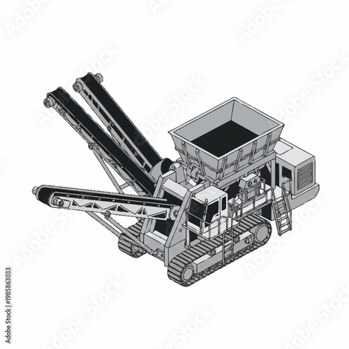 Heavy duty industrial mobile crushing machine with conveyor belts.