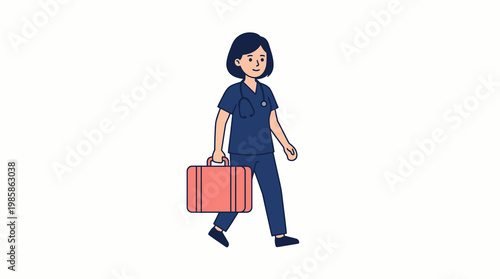 Female Nurse Walking with Medical Kit Bag Isolated