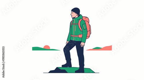 Male hiker with backpack standing on hill vector illustration