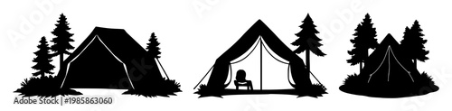 Camping set with tent, backpack, campfire and other outdoor elements featuring hiking, nature and adventure with travel and wilderness