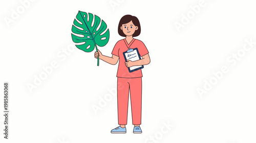 Female nurse in pink scrubs holding monstera leaf and clipboard