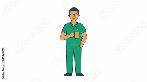 Medical Professional in Green Scrubs Holding Hot Coffee Mug