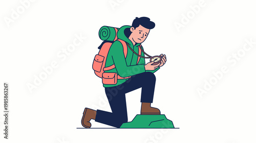 Backpacker holding compass and feeling lost illustration