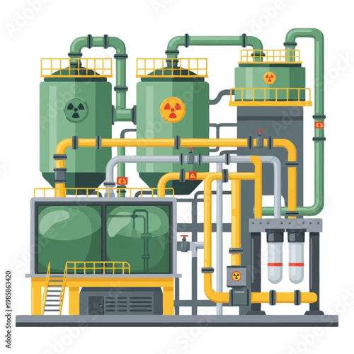 Industrial chemical processing plant with radioactive symbols.