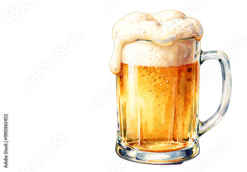 Watercolor illustration of a glass mug of beer with thick foam