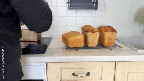 Person in oven mitts places a fresh loaf of homemade bread onto a cooling rack in a kitchen. Three loaves of bread are cooling on the counter. Focus on the warm, freshly baked goods