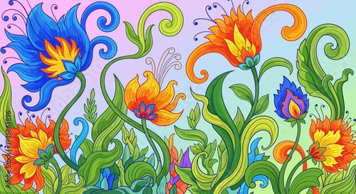 Vibrant floral pattern with colorful flowers.