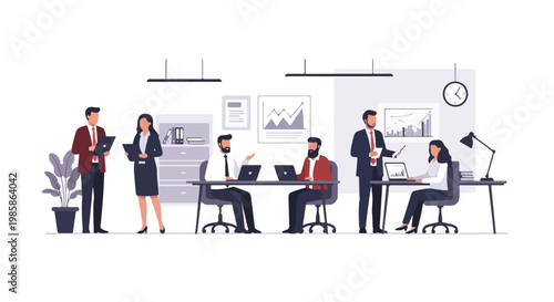 This vector illustration depicts a collaborative group of diverse office professionals working together in a modern, organized workspace environment.
