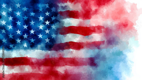 Artistic watercolor painting of the American flag with soft blurred edges, creative patriotic background for US national holidays and celebrations.