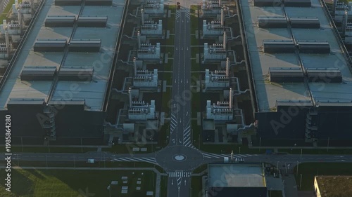 Aerial drone flying over data center hub infrastructure