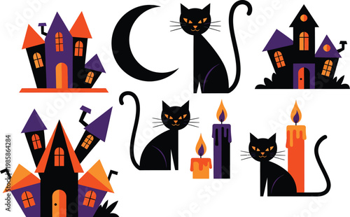 A spooky Halloween scene unfolds with black cats, haunted houses, crescent moon, and flickering candles on a white background.