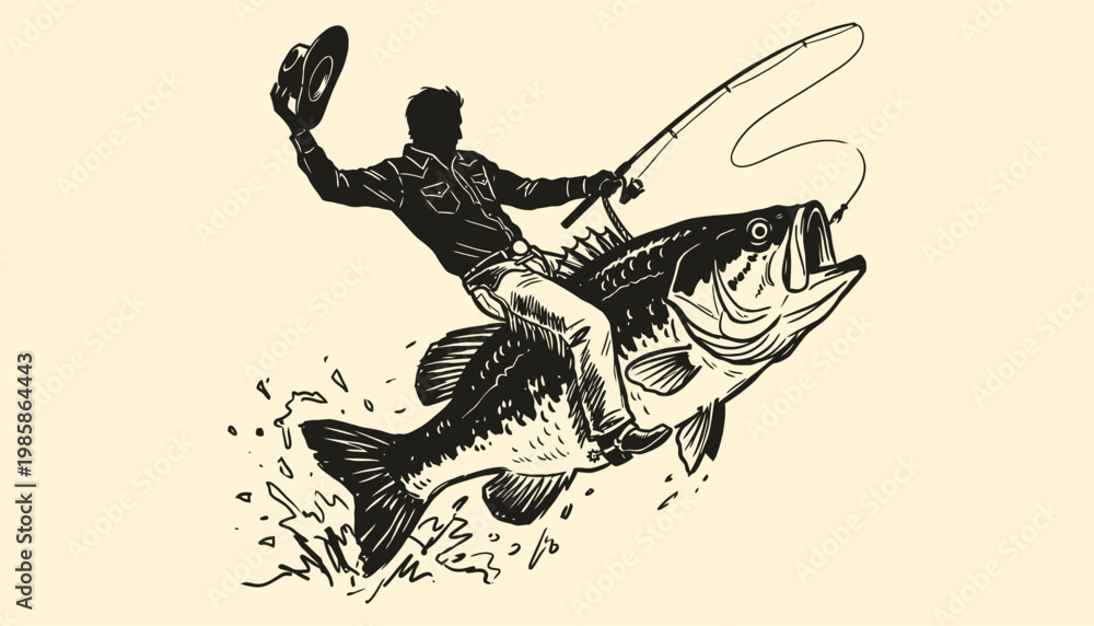 Fototapeta premium Cowboy riding giant bass fish like a rodeo bronco for extreme fishing adventure