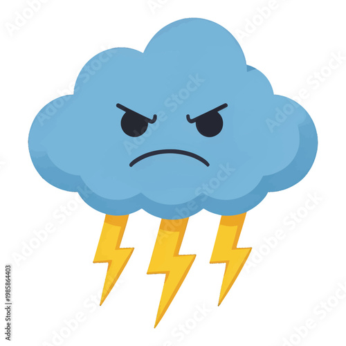 Angry Thunderstorm Cloud Icon with Lightning Bolts, Flat Vector Illustration for Weather and Climate Apps