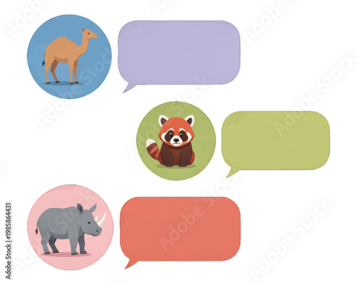 Animal Avatar Icons with Speech Bubbles, Flat Vector Illustration for Chat Apps, Social Media, and UI Design