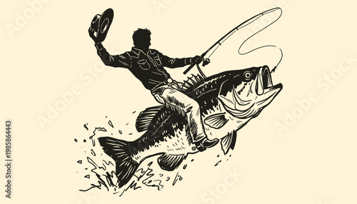 Cowboy riding giant bass fish like a rodeo bronco for extreme fishing adventure