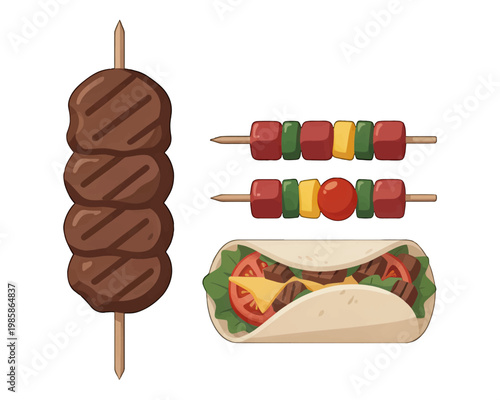 Food Vector Illustration of Bbq Kebabs and Taco, Transparent PNG for Menus and Recipes