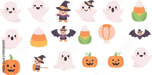 A cheerful arrangement of Halloween elements featuring cute ghosts, witches, candy corn, and pumpkins on a white backdrop.