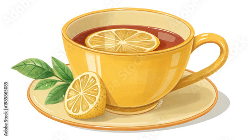 Yellow teacup with lemon slice hot beverage