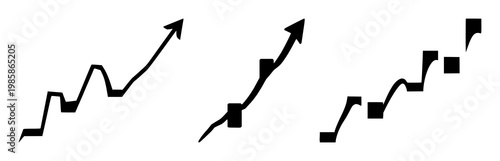 Stock candlestick chart icon set with upward trend silhouette against white backdrop featuring finance, trading, markets with line art and minimalist design