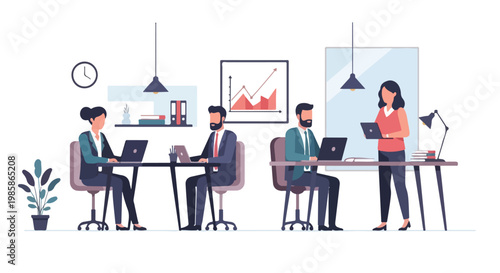 Modern office scene with professionals working on laptops at desks in a collaborative and productive workspace environment.