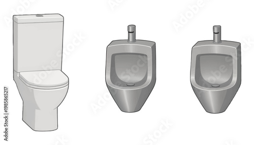 Modern Bathroom Fixtures Vector Illustration, Toilet, Urinals, Isolated, Minimalist Design, Restroom Interior